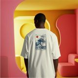 Unisex Oversize Baskılı Pamuklu Bisiklet Yaka Kısa Kollu Beyaz T-Shirt Hokkaido Deniz - 2XL