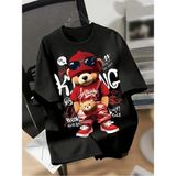 Unisex Oversize Baskılı Pamuklu Bisiklet Yaka Kısa Kollu Siyah T-Shirt Cool Ayı Kırmızı - XL