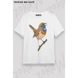 Unisex Oversize Kalıp Ardıç Kuşu Tasarım Baskılı Tshirt - Beyaz - XL