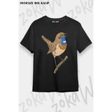 Unisex Oversize Kalıp Ardıç Kuşu Tasarım Baskılı Tshirt - Siyah