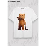 Unisex Oversize Kalıp Ayı Teddy V2 Tasarım Baskılı Tshirt - Beyaz