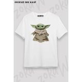 Unisex Oversize Kalıp Baby Yoda Tasarım Baskılı Tshirt - Beyaz