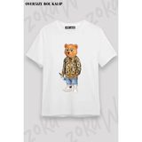 Unisex Oversize Kalıp Bad Boy Baron Cool Teddy Bear Ayı Tasarım Baskılı Tshirt - Beyaz - XL
