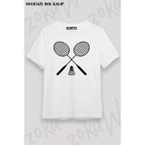 Unisex Oversize Kalıp Badminton Raket Tasarım Baskılı Tshirt - Beyaz