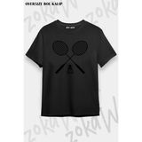 Unisex Oversize Kalıp Badminton Raket Tasarım Baskılı Tshirt - Siyah - XL