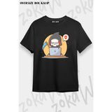 Unisex Oversize Kalıp Bilgisayar Oynayan Kurukafa Tasarım Baskılı Tshirt - Siyah - XL