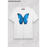 Unisex Oversize Kalıp Butterfly Kelebek Tasarım Baskılı Tshirt - Beyaz