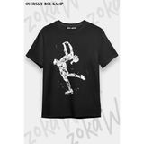 Unisex Oversize Kalıp Buz Pateni Ice Skating3 Tasarım Baskılı Tshirt - Siyah
