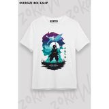 Unisex Oversize Kalıp Demon Slayer Tanjiro Kamado Tasarım Baskılı Tshirt - Beyaz