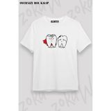 Unisex Oversize Kalıp Diş Hekimi Dişler Tasarım Baskılı Tshirt - Beyaz - XL