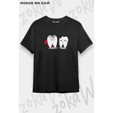 Unisex Oversize Kalıp Diş Hekimi Dişler Tasarım Baskılı Tshirt - Siyah