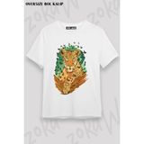Unisex Oversize Kalıp Doğa Kaplan Kelebek Orman Tasarım Baskılı Tshirt - Beyaz