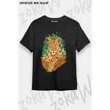 Unisex Oversize Kalıp Doğa Kaplan Kelebek Orman Tasarım Baskılı Tshirt - Siyah - XL