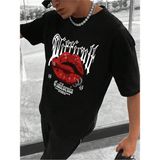 Unisex Oversize Kalıp Dudak ve Harf Grafikli Harajuku Style - Siyah - M