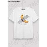 Unisex Oversize Kalıp Duvara Bant Gri Bant Muz Tasarım Baskılı Tshirt - Beyaz - XL
