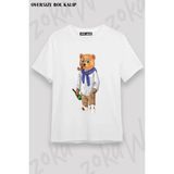 Unisex Oversize Kalıp Elite Baron Cool Teddy Bear Ayı Tasarım Baskılı Tshirt - Beyaz