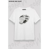 Unisex Oversize Kalıp Game Of Thrones House Tasarım Baskılı Tshirt - Beyaz - XL