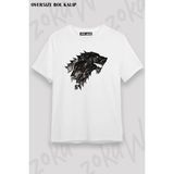 Unisex Oversize Kalıp Game Of Thrones Kurt Tasarım Baskılı Tshirt - Beyaz