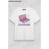 Unisex Oversize Kalıp Hacker Bilgisayar Laptop Tasarım Baskılı Tshirt - Beyaz - XL