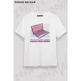Unisex Oversize Kalıp Hacker Bilgisayar Laptop Tasarım Baskılı Tshirt - Beyaz