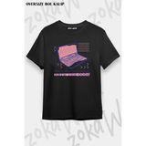 Unisex Oversize Kalıp Hacker Bilgisayar Laptop Tasarım Baskılı Tshirt - Siyah - XL