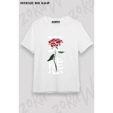 Unisex Oversize Kalıp Japon Alfabesi ve Çiçek Tasarım Baskılı Tshirt - Beyaz