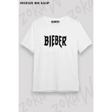 Unisex Oversize Kalıp Justin Bieber Tasarım Baskılı Tshirt - Beyaz - XL