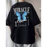 Unisex Oversize Kalıp Kelebek & Slogan Grafikli Düşük Omuz Harajuku Style - Siyah - XL