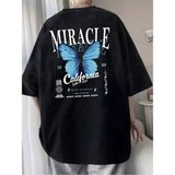 Unisex Oversize Kalıp Kelebek & Slogan Grafikli Düşük Omuz Harajuku Style - Siyah