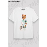 Unisex Oversize Kalıp Kort Tenis Tenisçi Ayı Teddy Tasarım Baskılı Tshirt - Beyaz - XL