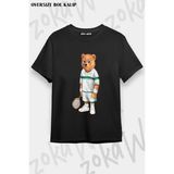 Unisex Oversize Kalıp Kort Tenis Tenisçi Ayı Teddy Tasarım Baskılı Tshirt - Siyah