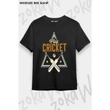 Unisex Oversize Kalıp Kriket Cricket Tasarım Baskılı Tshirt - Siyah