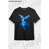 Unisex Oversize Kalıp Kuş Tasarım Baskılı Tshirt - Siyah