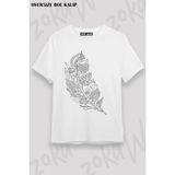 Unisex Oversize Kalıp Kuş Tüyü Kara Kalem Tasarım Baskılı Tshirt - Beyaz