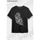 Unisex Oversize Kalıp Kuş Tüyü Kara Kalem Tasarım Baskılı Tshirt - Siyah