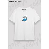 Unisex Oversize Kalıp Muhabbet Kuşu Tasarım Baskılı Tshirt - Beyaz