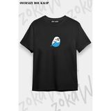 Unisex Oversize Kalıp Muhabbet Kuşu Tasarım Baskılı Tshirt - Siyah