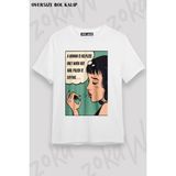 Unisex Oversize Kalıp Oje Süren Kadın Tasarım Tasarım Baskılı Tshirt - Beyaz
