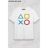 Unisex Oversize Kalıp Playstation Controller Tasarım Baskılı Tshirt - Beyaz - XL