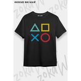 Unisex Oversize Kalıp Playstation Controller Tasarım Baskılı Tshirt - Siyah - XL
