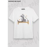 Unisex Oversize Kalıp Reformer Pilates Spor Kedi Tasarım Baskılı Tshirt - Beyaz - XL