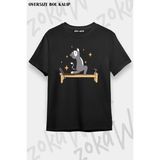 Unisex Oversize Kalıp Reformer Pilates Spor Kedi Tasarım Baskılı Tshirt - Siyah
