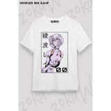 Unisex Oversize Kalıp Rei Ayanami Evangelion Manga V Tasarım Baskılı Tshirt - Beyaz - XL