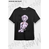 Unisex Oversize Kalıp Rei Ayanami Evangelion Manga V Tasarım Baskılı Tshirt - Siyah - XL