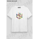 Unisex Oversize Kalıp Rubik Küp Formül Tasarım Baskılı Tshirt - Beyaz - XL