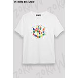 Unisex Oversize Kalıp Rubik Küp Formül Tasarım Baskılı Tshirt - Beyaz