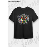 Unisex Oversize Kalıp Rubik Küp Formül Tasarım Baskılı Tshirt - Siyah