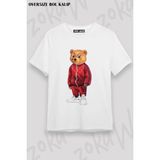 Unisex Oversize Kalıp Sporcu Cool Ayı Teddy Bear Tasarım Baskılı Tshirt - Beyaz