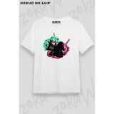 Unisex Oversize Kalıp Star Wars Işın Kılıcı Kedi Tasarım Baskılı Tshirt - Beyaz - XL