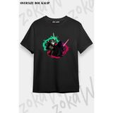 Unisex Oversize Kalıp Star Wars Işın Kılıcı Kedi Tasarım Baskılı Tshirt - Siyah